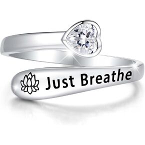 Just Breathe Rings for Women: 925 Sterling Silver Adjustable Just Breathe Ring Heart Band Lotus Flower Thumb Fidget Ring for Anxiety Personality Inspirational Jewelry Gifts