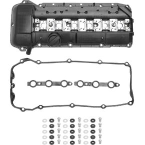 Engine Valve Cover for BMW 325i 2.5L 01-02 No.11121432928/11121437395 Front Rocker Cover Black with Gasket Bolt Oil Cap Spark Plug Tube Seal 1 Set