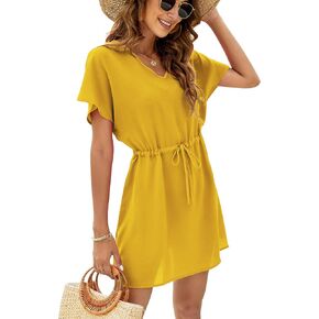 Bluetime Women Casual Swim Cover up V-Neck Summer Coverups Flowy Short Sleeve Mini Beach Dress