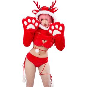 Christmas Furry Lingerie Set Reindeer Cosplay Costume Fuzzy Paw Plush Hooded Homewear