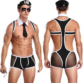 Munyee Hua Sexy Costume Set for Men, Lion Bodysuit, Police Uniform, Black