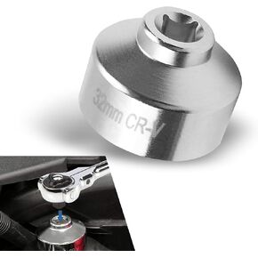 Pack-1 Automotive 32mm Cap-type Filter Wrench, 6 Point Steel Low Profile Drive Socket Wrench Accessories, 3/8" Oil Filter Disassembly Tool, Compatible with Volkswagen, Audi, BMW Models (Silver)