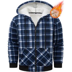 Men's Fleece Lined Jacket Hoodies Sweatshirt Sherpa Kangroo Pocket Plaid Hoodie Sweater Full Zip Up Hooded Thermal
