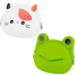 AUEAR, 2 Pack Cute Animal Silicone Coin Bags Cartoon Frog Cat Coin Purse Pouch for Gift