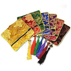 7 Pcs Silk Brocade Tasseled Coin Purse Zipper Jewelry Pouch Bag Gift Bag, 7 Colors