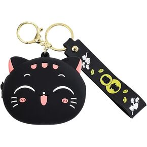 Cartoon Cat Coin Purse Keychain Black Cat Zip Coin Purse Key Rings Cute Kitten Mini Headphone Bag Teenage Wallet Keychain Fashion Zip PU Leather Coin Purse with Keychain for Women