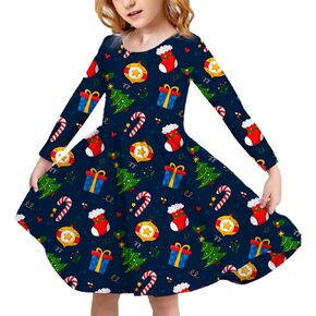 Girls Dresses Christmas Dress Printed Winter Long Sleeve Casual Twirly Dress with Pockets Party Outfits for Girls