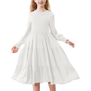Girls Dresses Casual Long Sleeve Dresses for Girls Fall Winter High Waist Smocked Flowy Tiered Midi Party Girls Dress