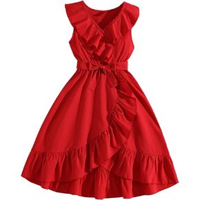 Floerns Girl's Ruffle Trim Sleeveless Flowy Birthday Dress V Neck Bow Tie A Line Dresses