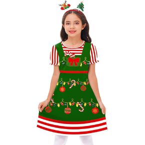 Remimi Girls Christmas Mrs. Santa Claus Dress Puff Short Sleeve Dress with Apron 5-14 Years
