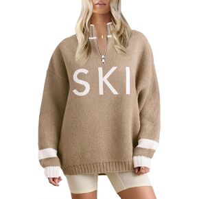 Zwurew Women's Ski Sweater 2024 Quarter Zip Color Block Striped Slouchy Long Sleeve Knitted Pullover Jumper Tops