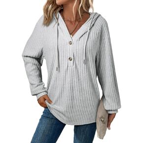 SHEWIN Sweaters For Women Causal V Neck Hooded Sweater Lightweight Knit Long Sleeve Fall Tops