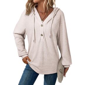 SHEWIN Sweaters For Women Causal V Neck Hooded Sweater Lightweight Knit Long Sleeve Fall Tops
