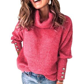 Women's Oversized Turtleneck Sweaters Fall 2024 Dressy Casual Ribbed Knit Button Long Sleeve Pullover Sweater