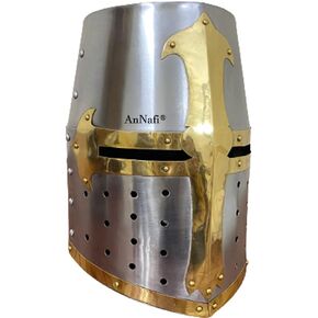 AnNafi® Medieval Knight Crusader Armour Helmet | Silver Finish Sugarloaf and Brass Design Templar Helmet | Great Greek Roman Spartan Helm A+ | Wearable For Adult | Medieval Costumes