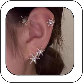 Vintage Crystal Snowflake Ear Cuffs 1 Pair Sparkling Rhinestone Snowflake Non-Pierced Ear Wrap Cartilage Climber Clip on Earrings for Women