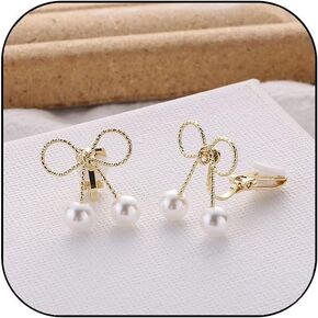 Pearl Bow Earrings for Women Bow Earrings Gold Pearl Stud Earrings for Women Ribbon Bow Pearl Stud Ear Cuffs Earrings for Women Gifts