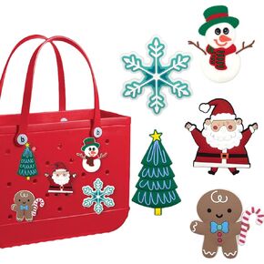 [5 PCS Christmas Charms Compatible with Bogg Bag Accessories (Santa Claus, Christmas Tree, Reindeer, Snowmen, Snowflakes), PVC Rubber Insert for Beach Tote Bag Winter Decoration