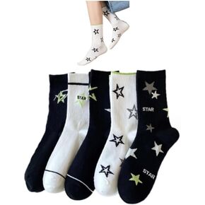 Star Socks 5-Pairs Cute White Black Colorful Star Women’s Soft Cotton Rib Mid-Calf Socks