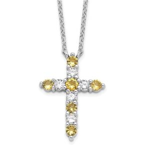 Jewels By Lux Sterling Silver Rhodium Plated CZ Birthstone Cross 16in with 2in ext Necklace
