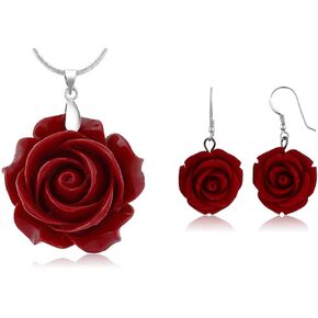 Gem Stone King 35MM Red Simulated Coral Carved Rose Flower Pendant and 925 Sterling Silver 20MM Rose Flower Earrings Set | with 16 Inch + 2 Inch Extender Chain | Jewelry Set for Women