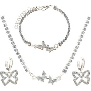 3 Pieces Silver Butterfly Necklace Bracelet Dangle Earrings Set,Butterfly Pendant Necklace White Plated Jewelry Set with AAA Cubic Zirconia,Rhinestone Cuban Necklace Bling Charm Butterfly Hoop Earrings for Women