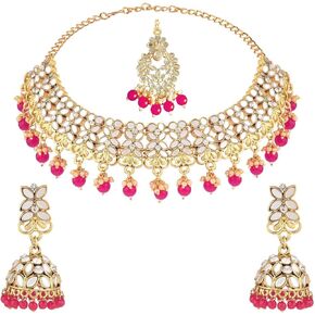 Efulgenz Crystal Choker Indian Jewelry Set Faux Kundan Pearl Crystal Stone Necklace Dangle Earrings Maang Tikka Head Chain Bollywood Wedding Bridal Jewelry for Women