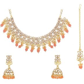 Efulgenz Crystal Choker Indian Jewelry Set Faux Kundan Pearl Crystal Stone Necklace Dangle Earrings Maang Tikka Head Chain Bollywood Wedding Bridal Jewelry for Women