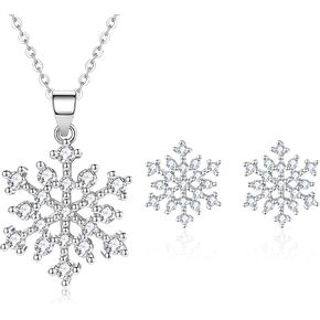 Snowflake Earrings Snowflake Necklace for Women 925 Sterling Silver CZ Winter Party Flower Snowflake Stud Earrings Jewelry Chrismas Gifts for Women Girls Teens