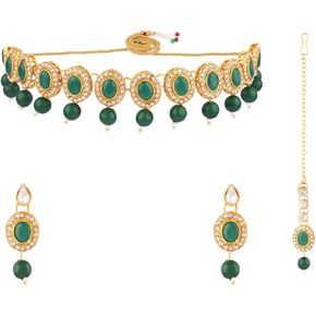 Efulgenz Crystal Indian Jewelry Choker Kundan Crystal Faux Pearl Necklace Earrings Maang Tikka Head Chain Bollywood Wedding Bridal Set for Women