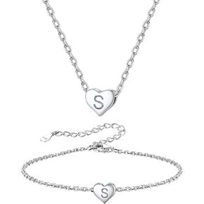Silvora 925 Sterling Silver Heart Initial Necklace and Bracelet Set for Women Alphabet A-Z Jewelry Delicate Letter Charms Jewels Gift for Mother Ladies BFF, Birthday Valentine's Day