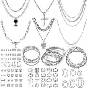 116 Pcs Silver Jewelry Set with 7Pcs Layered Necklace, 11 Pcs Bracelet and 22pcs Hoop Earrings ,22pcs Knuckle Rings,54pcs stud earrings Jewerly set For Women Valentine Anniversary Birthday Friendship Gift
