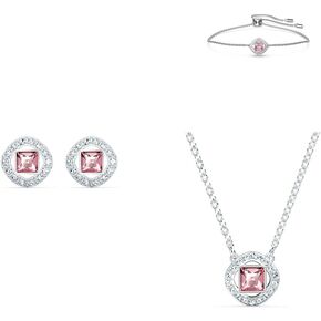 SWAROVSKI Angelic Square Stud Earrings Pink Angelic Square Bracelet, Pink and Bolo Style Adjustable Closure Angelic Square Pendant Necklace and White Crystals, Rhodium Plated Chain