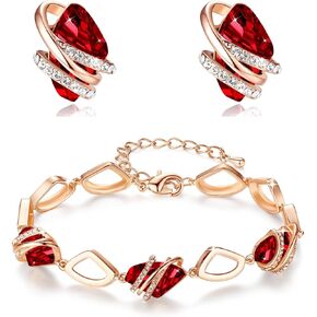 Leafael Wish Stone Stud Earrings and Bracelet Jewelry Set for Women, January July Birthstone Ruby Red Crystal Jewelry, Silver Tone Gifts for Women