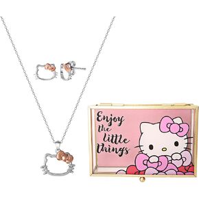 Hello Kitty Sanrio Jewelry Set 3-Piece - Glass Jewelry Box and Sterling Silver Earrings and 18" Necklace Officially Licensed