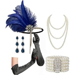 Cizoe Flapper Accessories for Women,20s Great Gatsby Accessory Set 1920s Headpiece Flapper Headband Gloves Necklace(navy)
