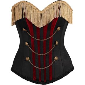 Daisy corsets womens Top Drawer Burlesque Black/Dark Red Steel Boned Corset W/Gold Fringe