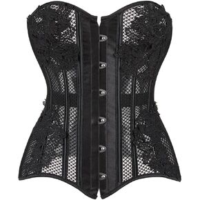 SHYMMUO Women Mesh Black Corset Sexy Boned Shapewear Lace Up Overbust Lingerie Top XS