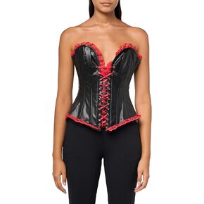 Daisy corsets Womens Top Drawer Black Faux Leather & Red Lace Trim Steel Boned Corset