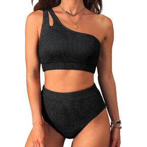 Bikini Swimsuit Bathing Suit 2025 - Women Two Piece One Shoulder High Waisted Ribbed Swimwear