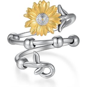 Sunflower Fidget Ring 925 Sterling Silver Adjustable Sunflower Spinner Rings Anxiety Jewelry Gift for Women Girls
