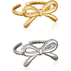 2pcs Cute Rings Gold Bow Ring Silver Bow Rings for Women,Stainless Steel Stackable Rings Gold Rings Silver Rings,Adjustable Rings Open Rings,Dainty Rings for Women Jewelry Gift (Gold and Silver)