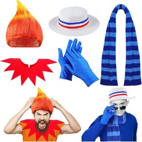 Mepase 5 Pcs Christmas Brothers Costumes Accessories Include Blue Striped Scarf Gloves Flame Wig Red and Blue Striped Hat Fake Collar for Women Men