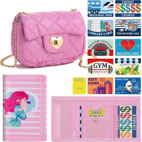 DEEKI Kids Wallet Set for Girls 4-16, Cute Leather Crossbody Purse, Trifold Canvas Wallet and 11 Cards for Toddlers Children, Novelty Coin Pouch for Princess Birthday Gifts Pretend Shop-Shine Rainbow
