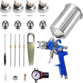 High-Performance HVLP Spray Gun with 1.4mm 1.7mm 2.0mm 2.5mm Tips,1000cc Aluminum Cup, and Air Pressure Regulator Gauge for Car Furniture Body Repair Painting(Blue)