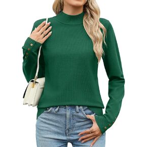 Qirno Womens Mock Neck Long Sleeve Knit Sweaters Turtleneck Casual Lightweight Button Cuffs Fall Pullover Sweater