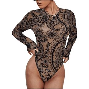 Milumia Women's Boho Floral Print Mesh Sheer Bodysuit Vintage Long Sleeve See Through Top