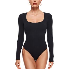 INLYRIC Women's Long Sleeve Sleeveless Scoop Square Neck Bodysuit Ribbed Tank Tops Slimming Body Suits Jumpsuits