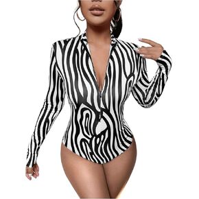 MakeMeChic Women's Casual Zebra Stripes Mock Neck Long Sleeve Zip Front Bodysuit Tee Shirt Tops