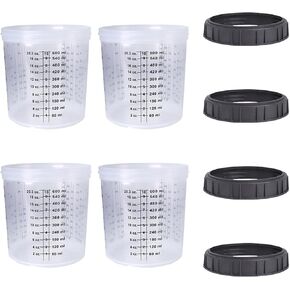 4 Pack Set of Standard Size 20 Ounce (600ml) Hard Cups, Includes 4 Hard Cups and 4 Retaining Rings for Disposable Paint Gun Cup Holders and Lid Systems